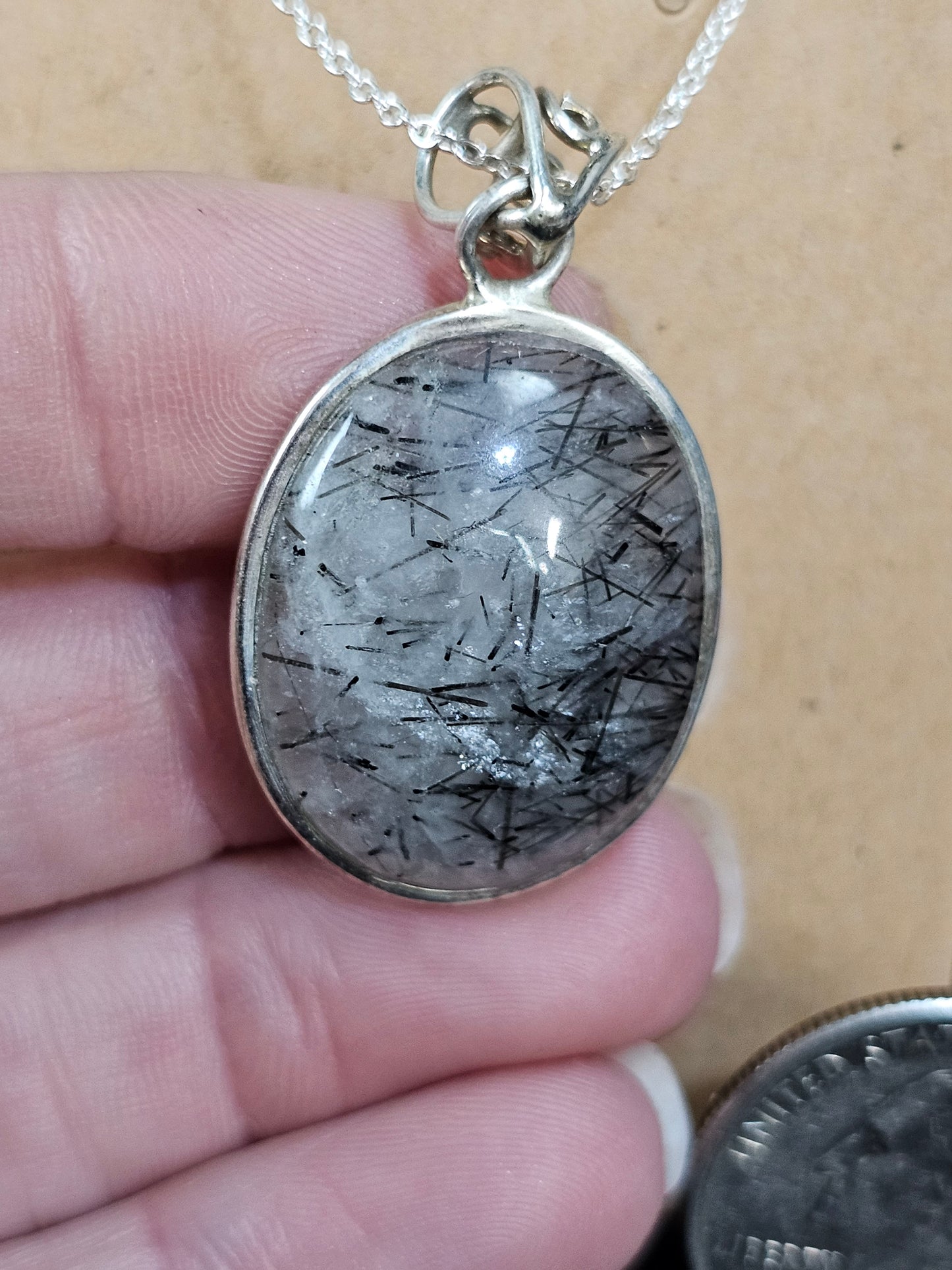 Stunning Tourmaline in Quartz, .925 Sterling silver Pendant ONLY