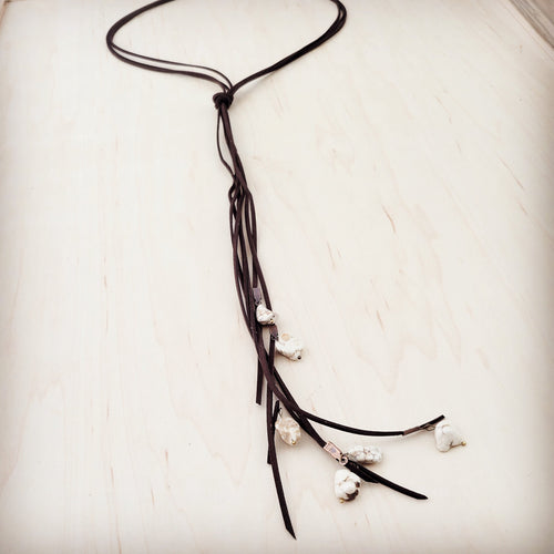 Dark Brown Rustic Knotted Leather Cord Necklace White Turquoise 263m