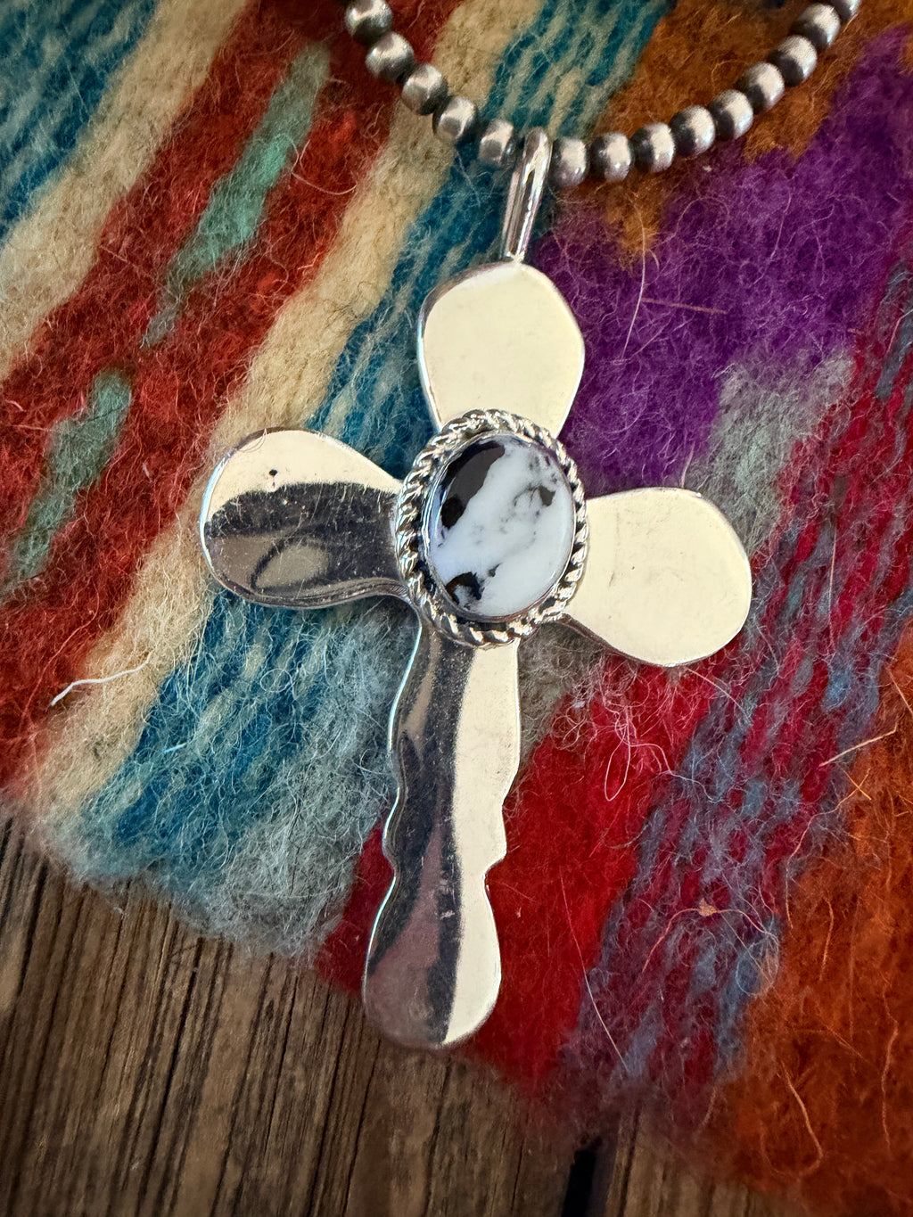 Handcrafted Sterling Silver & White Buffalo Cross Pendant by Joseph Martinez