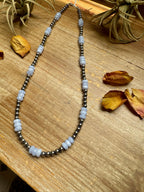 Blue Lace Agate & Sterling Silver Pearl Necklace – 20 ½” Plus Extender