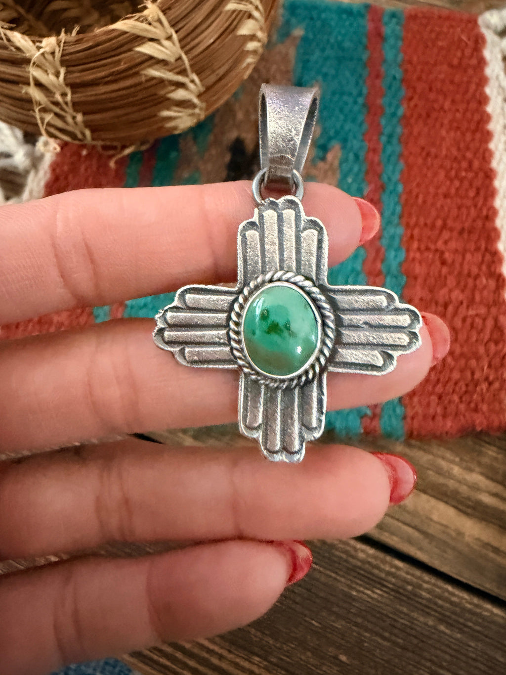 Handcrafted Sterling Silver & Sonoran Mountain Turquoise Zia Cross Pendant by Kevin Billah