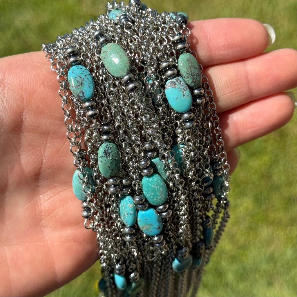 Turquoise Center & Sterling Saucer Pearl Necklace 16”