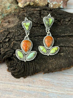 Handmade Sterling Silver Apple Coral and Palomino Post Dangle Earrings "Signed Nizhoni"