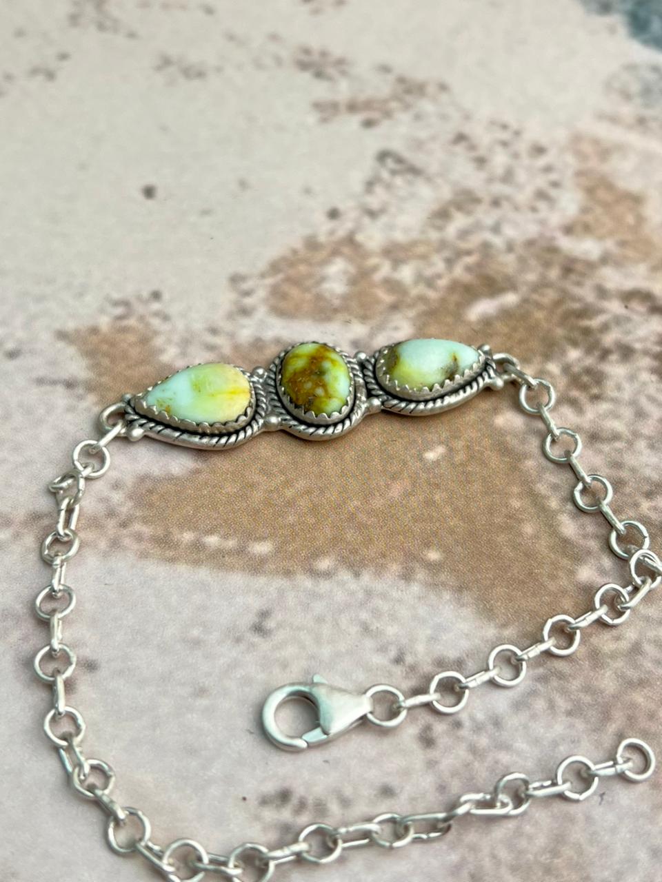 Handmade Sterling Silver Palomino Turquoise Chain Bracelet "Signed Nizhoni"