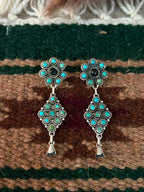 Handmade Sterling Silver Kingman Turquoise with White Buffalo Post Dangle Squash Blossom Earrings Signed Nizhoni