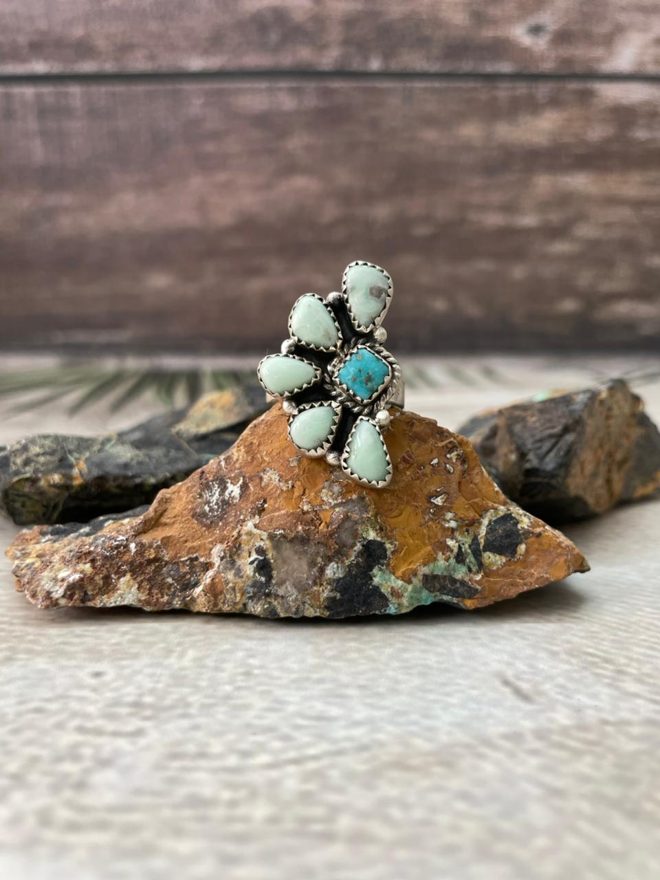 Handmade Sterling Silver Paloma with White Water Adjustable Ring "Signed Nizhoni"