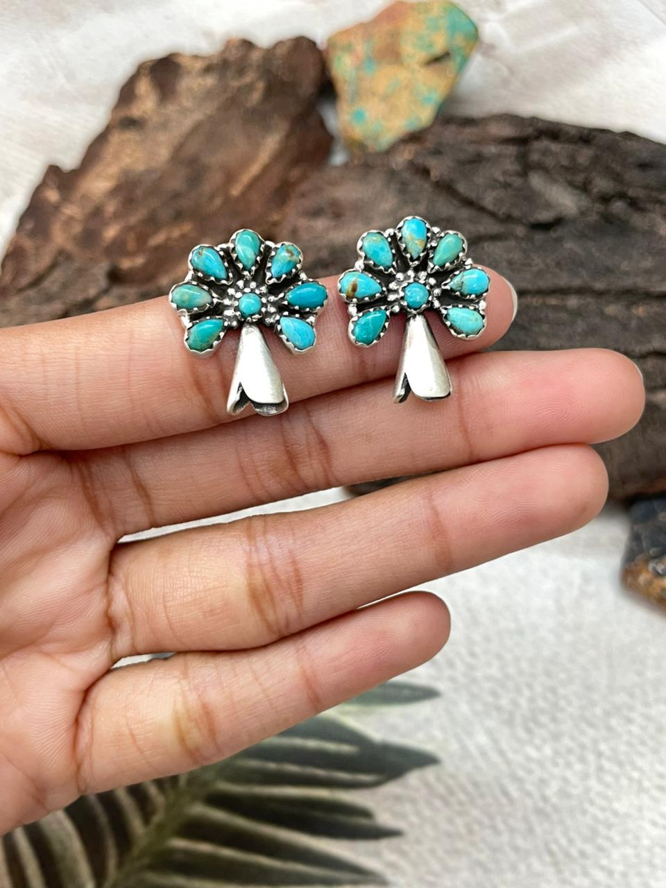 Handmade Sterling Silver Kingman Turquoise Blossom Studs Earrings "Signed Nizhoni"