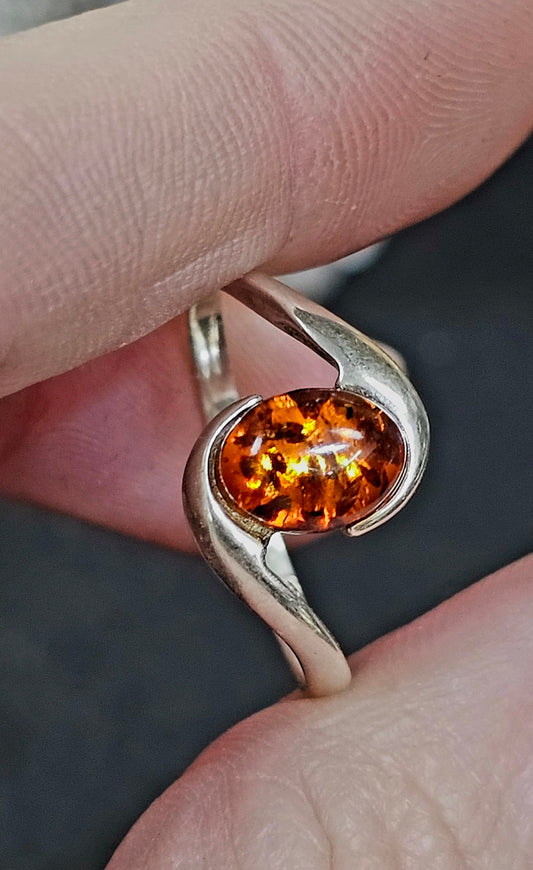 Stunning, Cognac Baltic Amber Ring set in .925 Sterling Silver