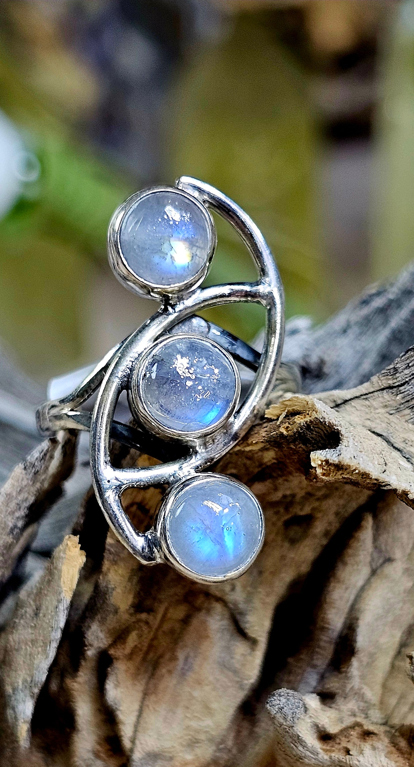 Stunning, Triple Moonstone Sterling Silver Ring. Sz 6