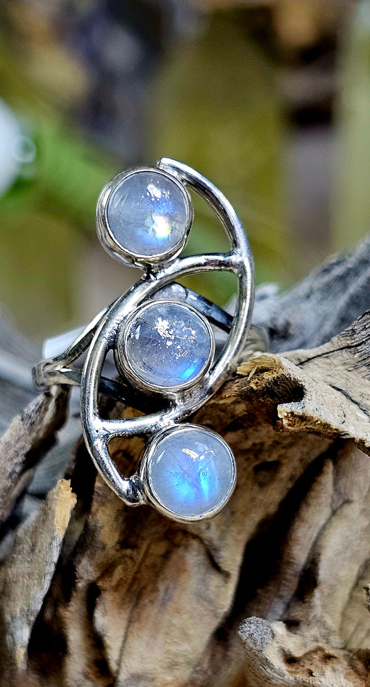 Stunning, Triple Moonstone Sterling Silver Ring. Sz 6