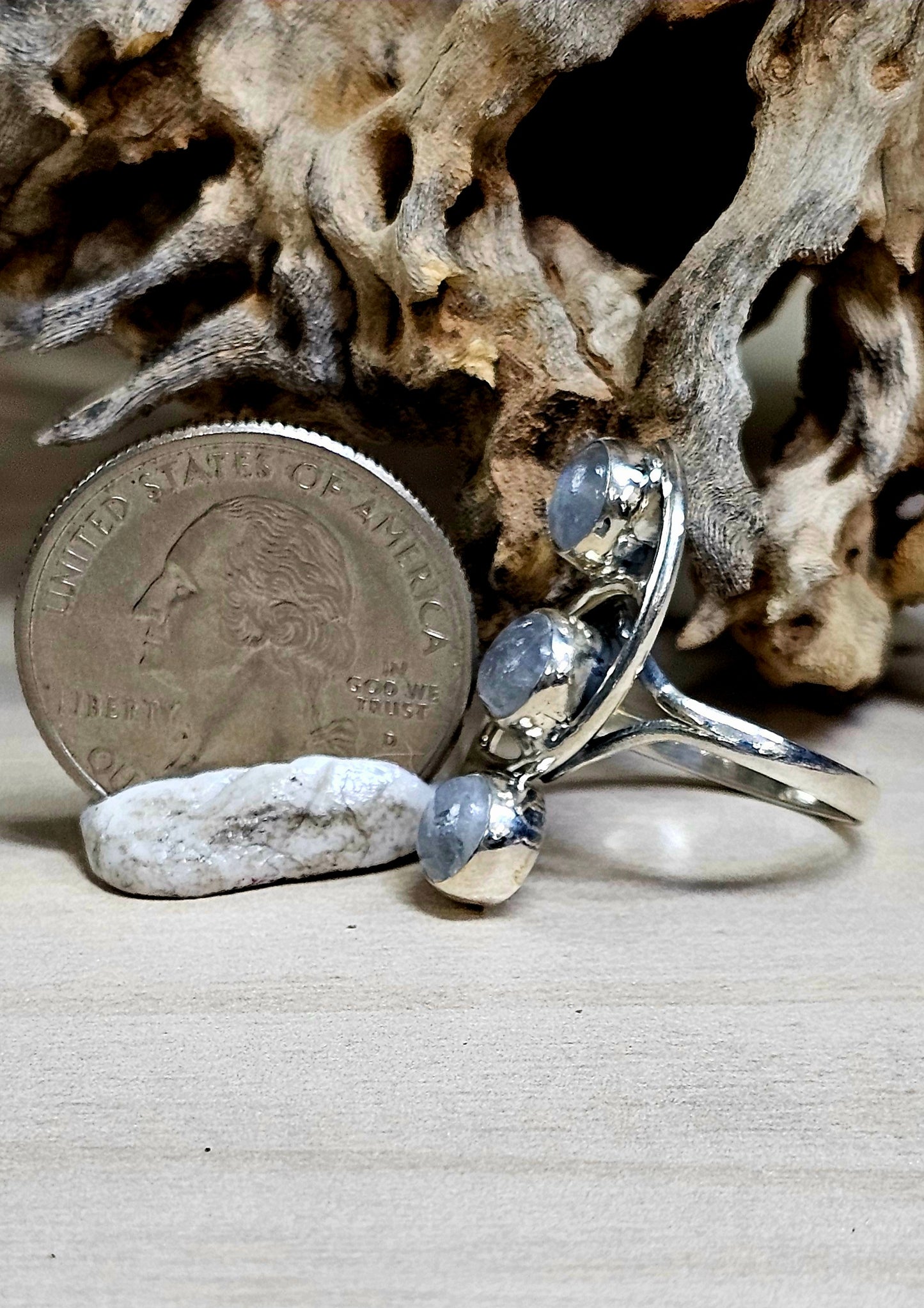 Stunning, Triple Moonstone Sterling Silver Ring. Sz 6