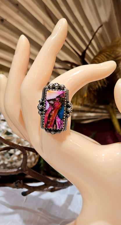 .925 Silver Pink Dahlia Turquoise Ring sz 8
