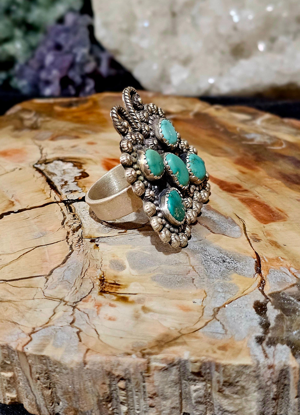Handcrafted, Adjustable, butterfly Turquoise cluster Sterling Ring