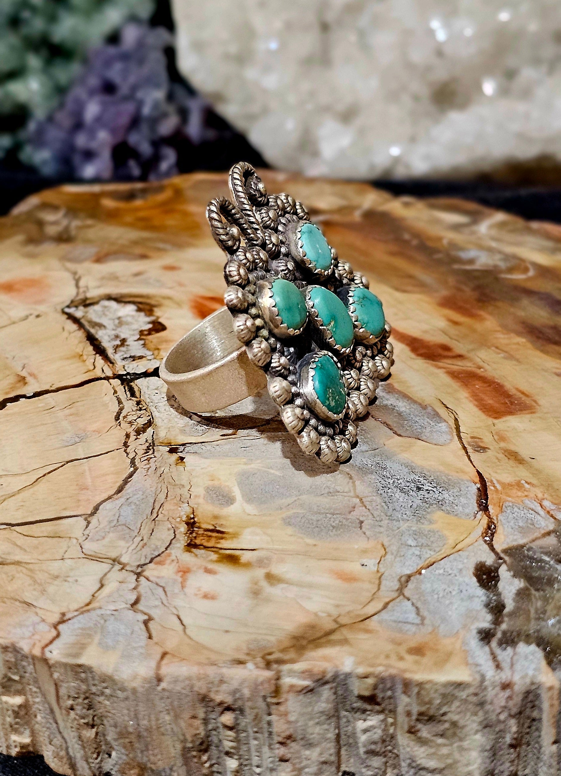 Handcrafted, Adjustable, butterfly Turquoise cluster Sterling Ring