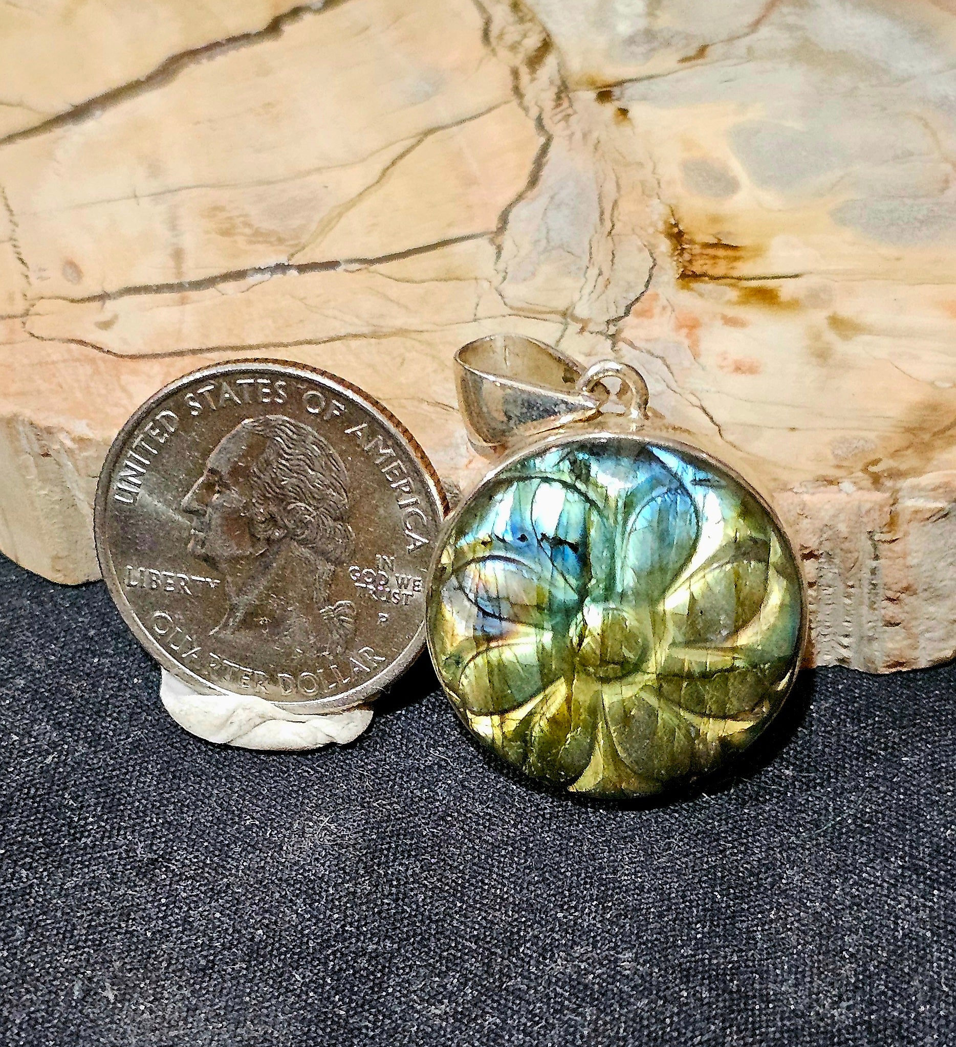 FLASHY Carved Labradorite Pendant – Sterling Silver