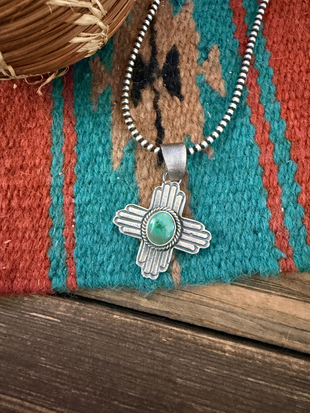 Handcrafted Sterling Silver & Sonoran Mountain Turquoise Zia Cross Pendant by Kevin Billah