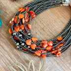 Orange/Red Shell Heart & Sterling Silver Pearl Necklace - 15 inch