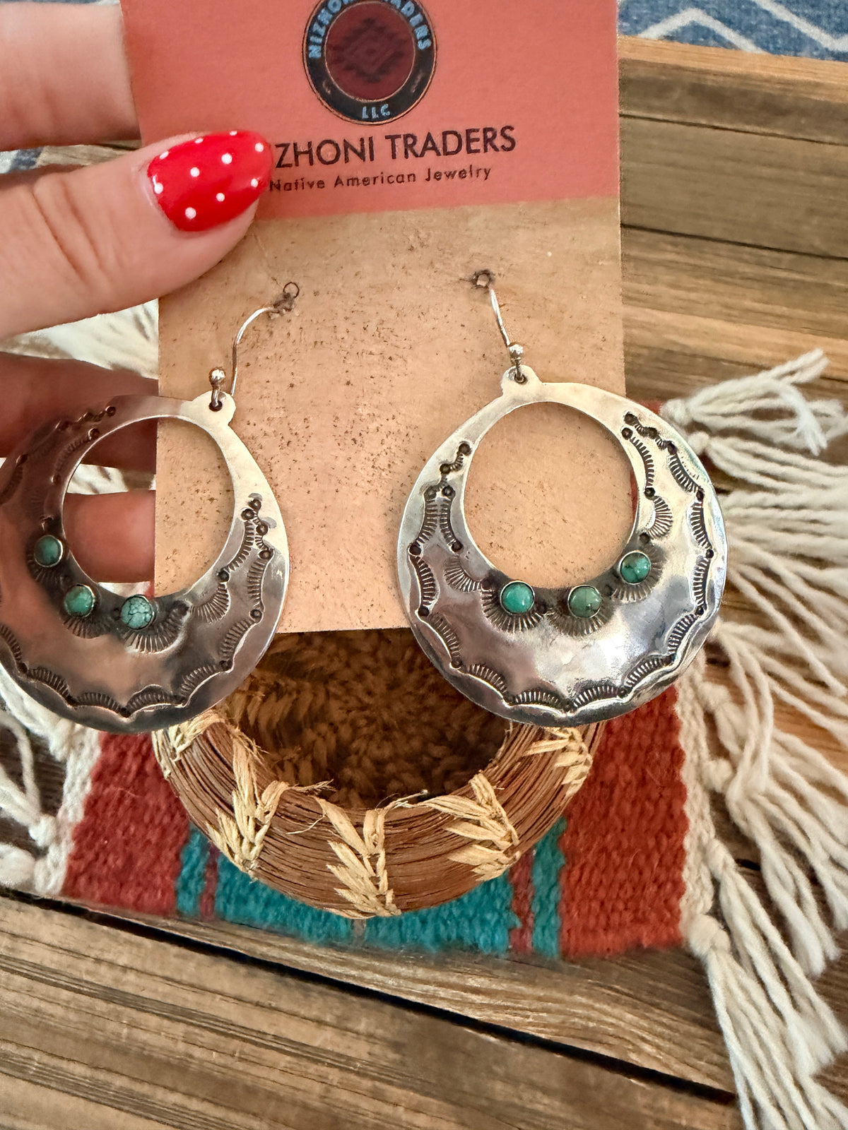 Handmade Sterling Silver & Turquoise Concho Dangle Earrings by Kimari Somers