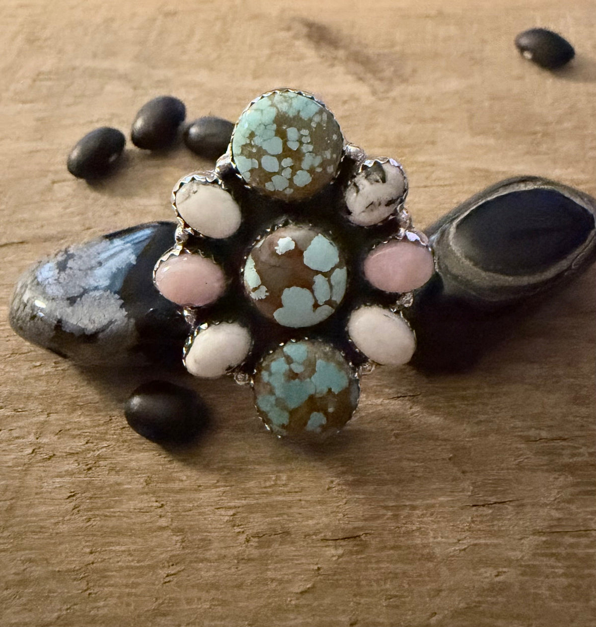 Number 8 Mine, Pink Opal and White Buffalo Cluster Ring
