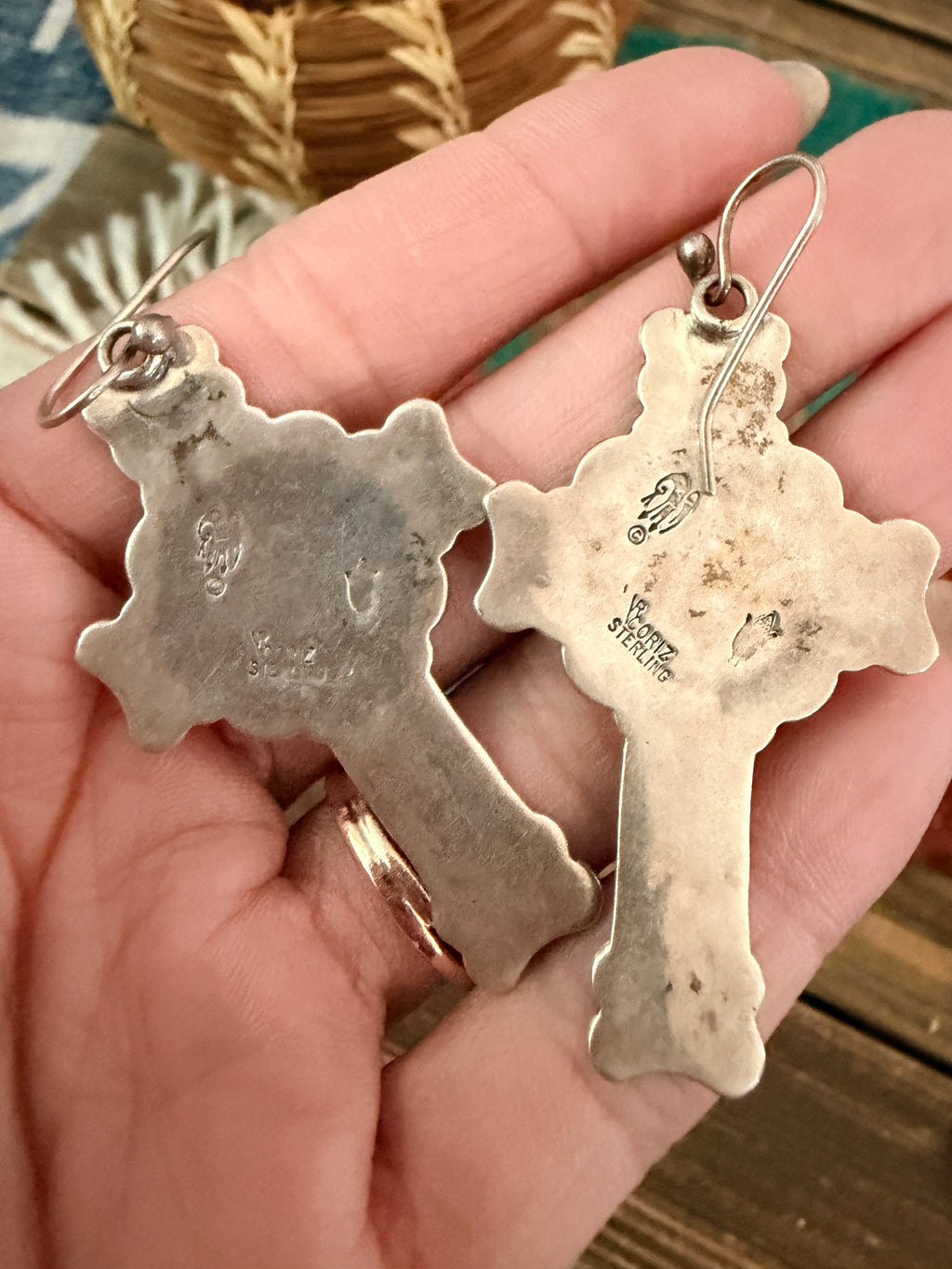 Handcrafted Old Pawn Sterling Silver Cross Dangle Earrings