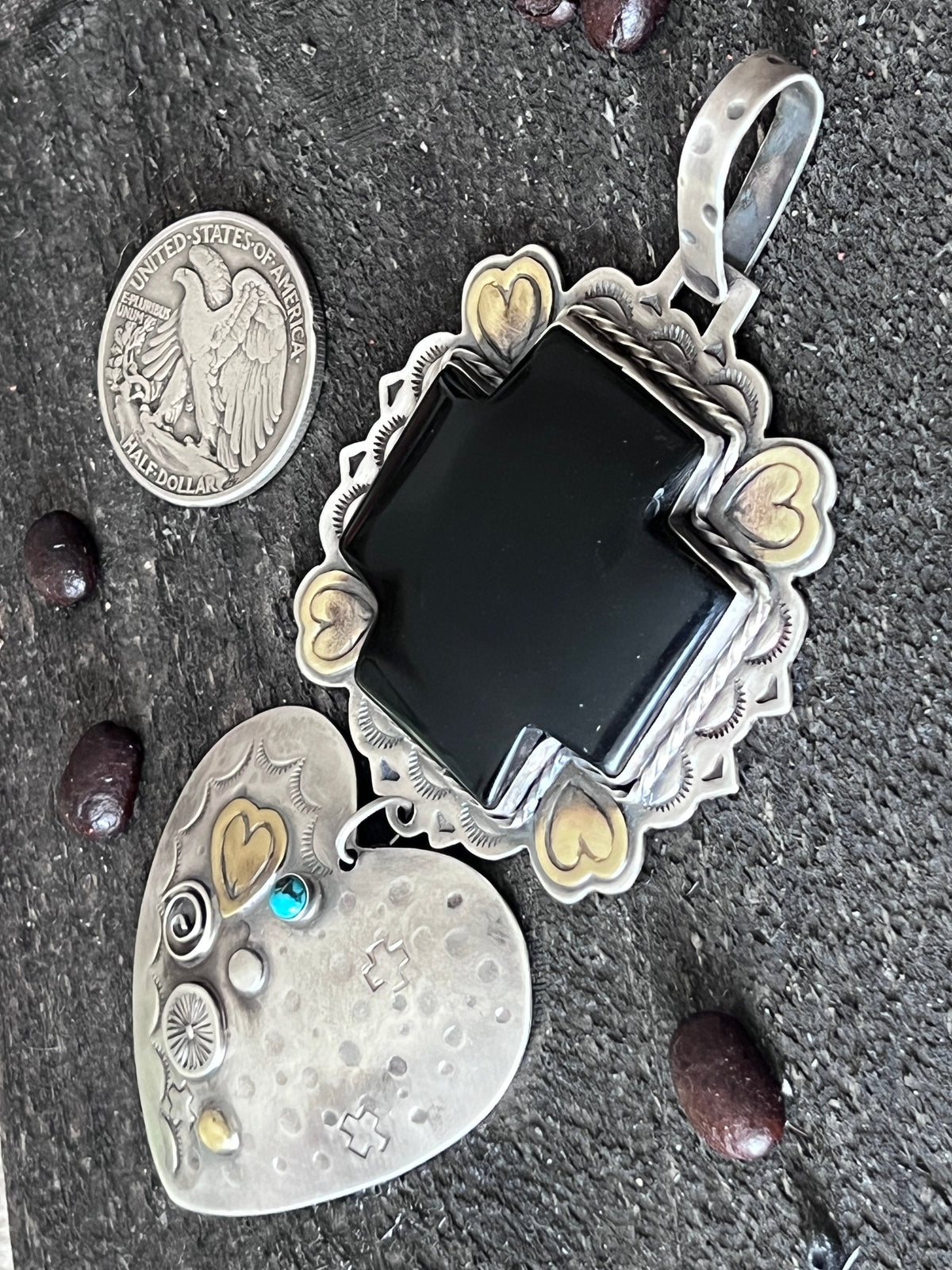 Hand Stamped Sterling Silver & Black Marble Santa Fe Cross and Heart Pendant by Kimari Somers