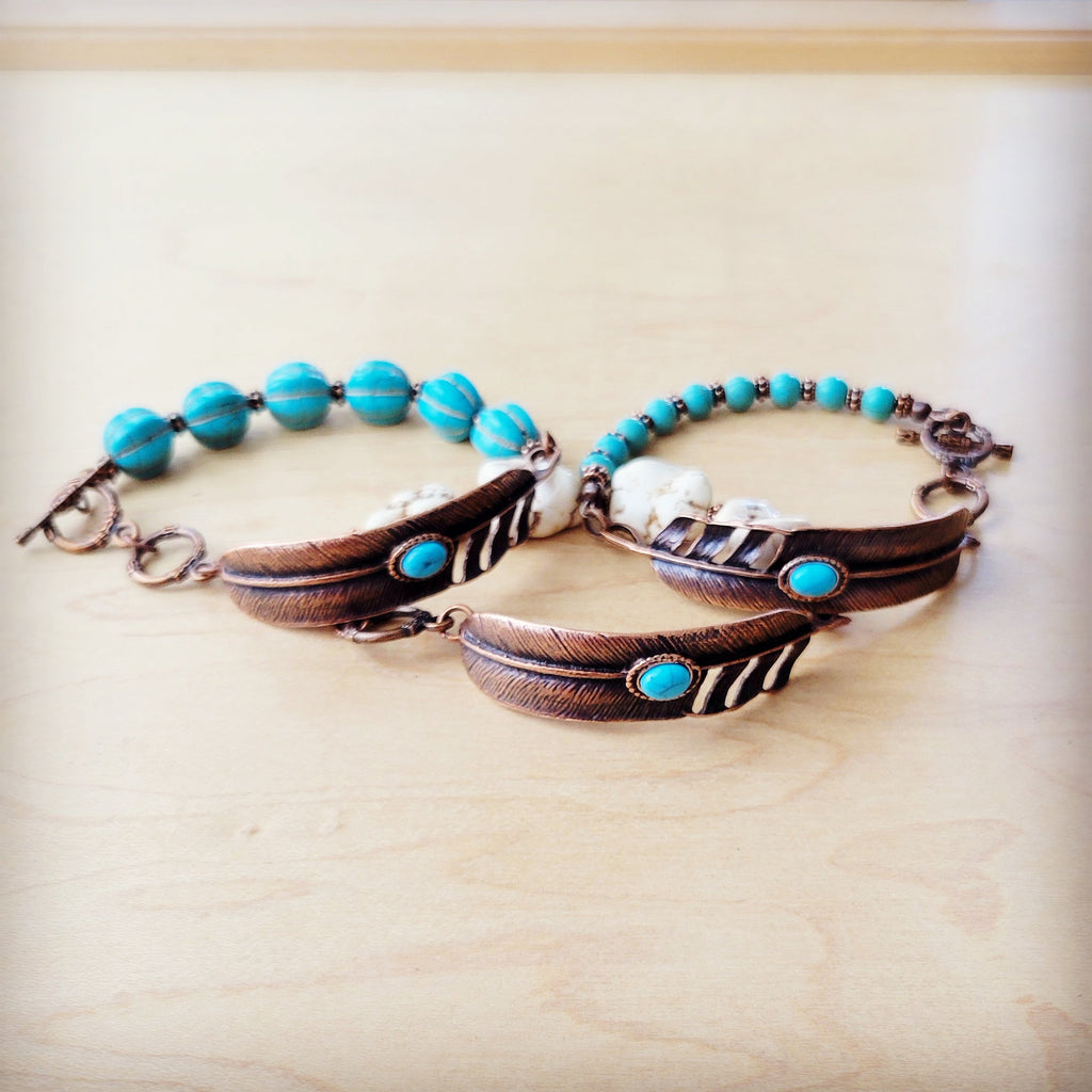 White Chunky Turquoise Beaded Bracelet on Copper Feather 810s