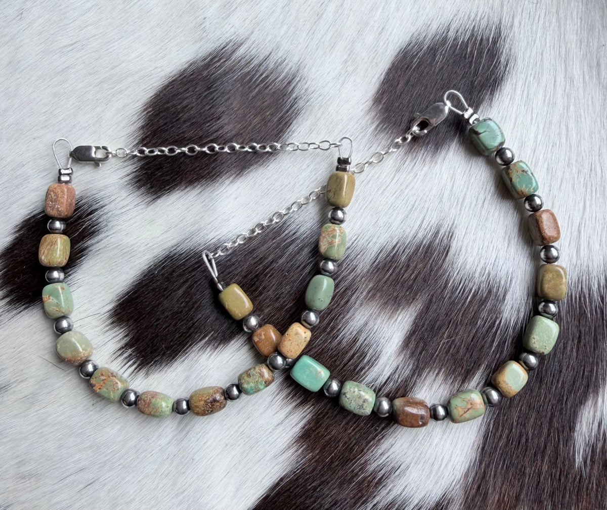 Polished Turquoise Bead and Sterling Pearl Bracelet