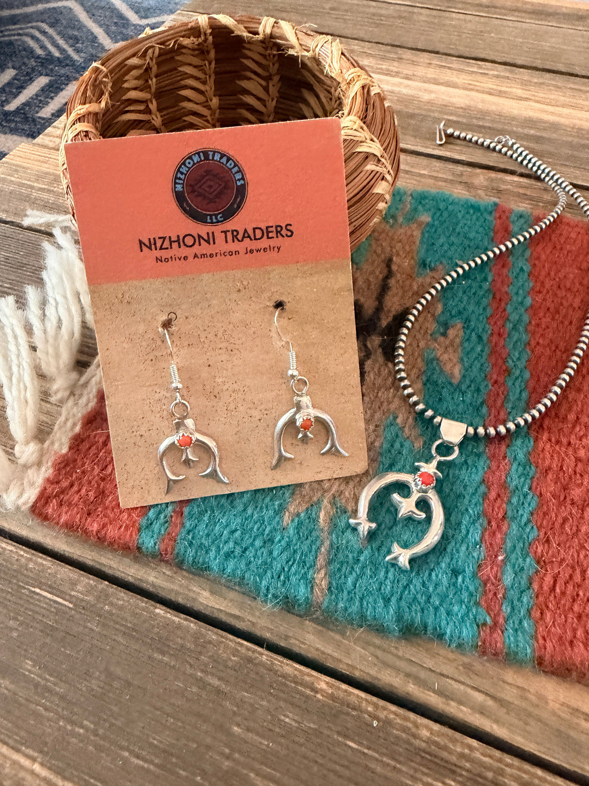 Handcrafted Coral & Sterling Silver Naja Earring and Pendant Set