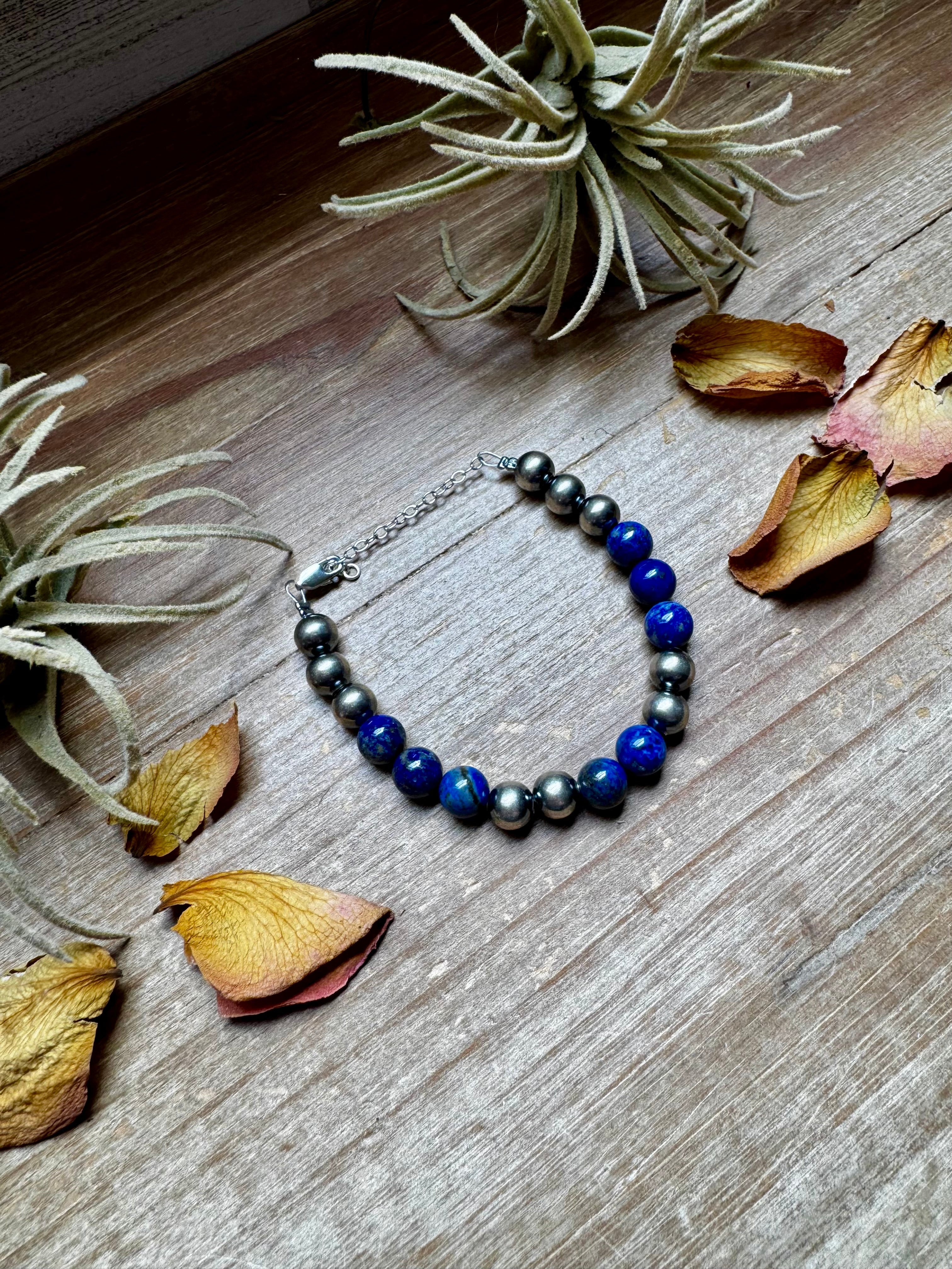 Lapis & Sterling Silver Bracelet – 6.5 Inch + Extender – 8 mm Round Beads