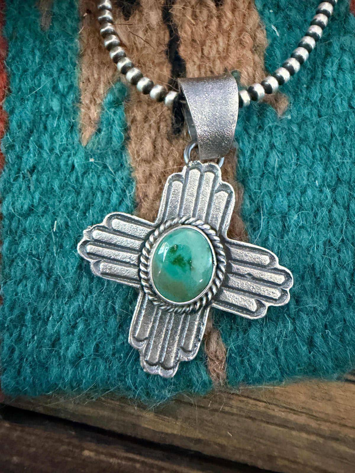 Handcrafted Sterling Silver & Sonoran Mountain Turquoise Zia Cross Pendant by Kevin Billah