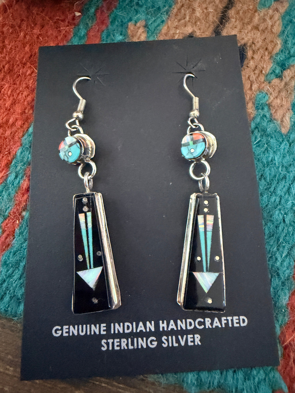 Handcrafted Multi Stone & Sterling Silver Inlay Sun Face Dangle Earrings