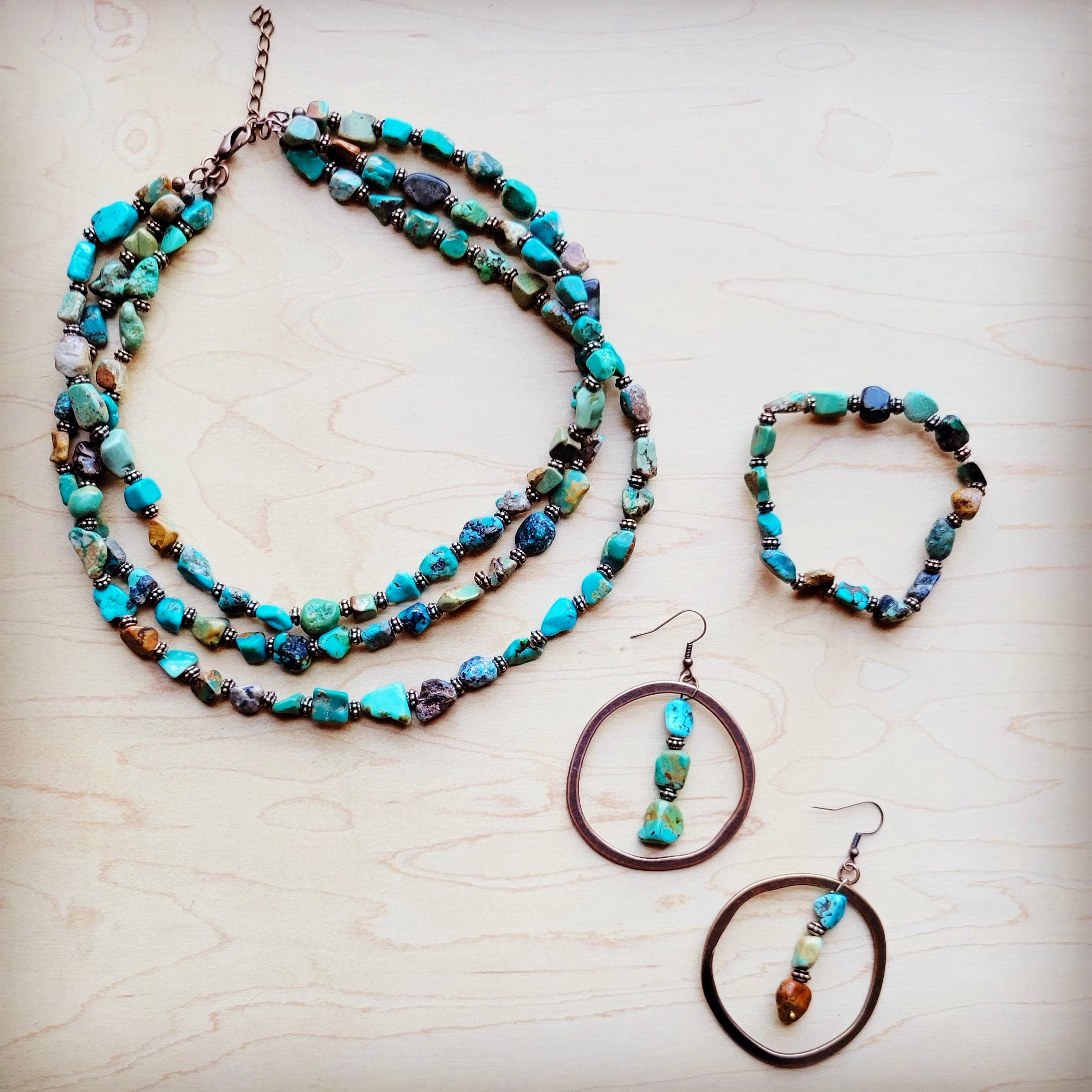 Genuine HuBei Turquoise & Copper Triple Strand Necklace 259t