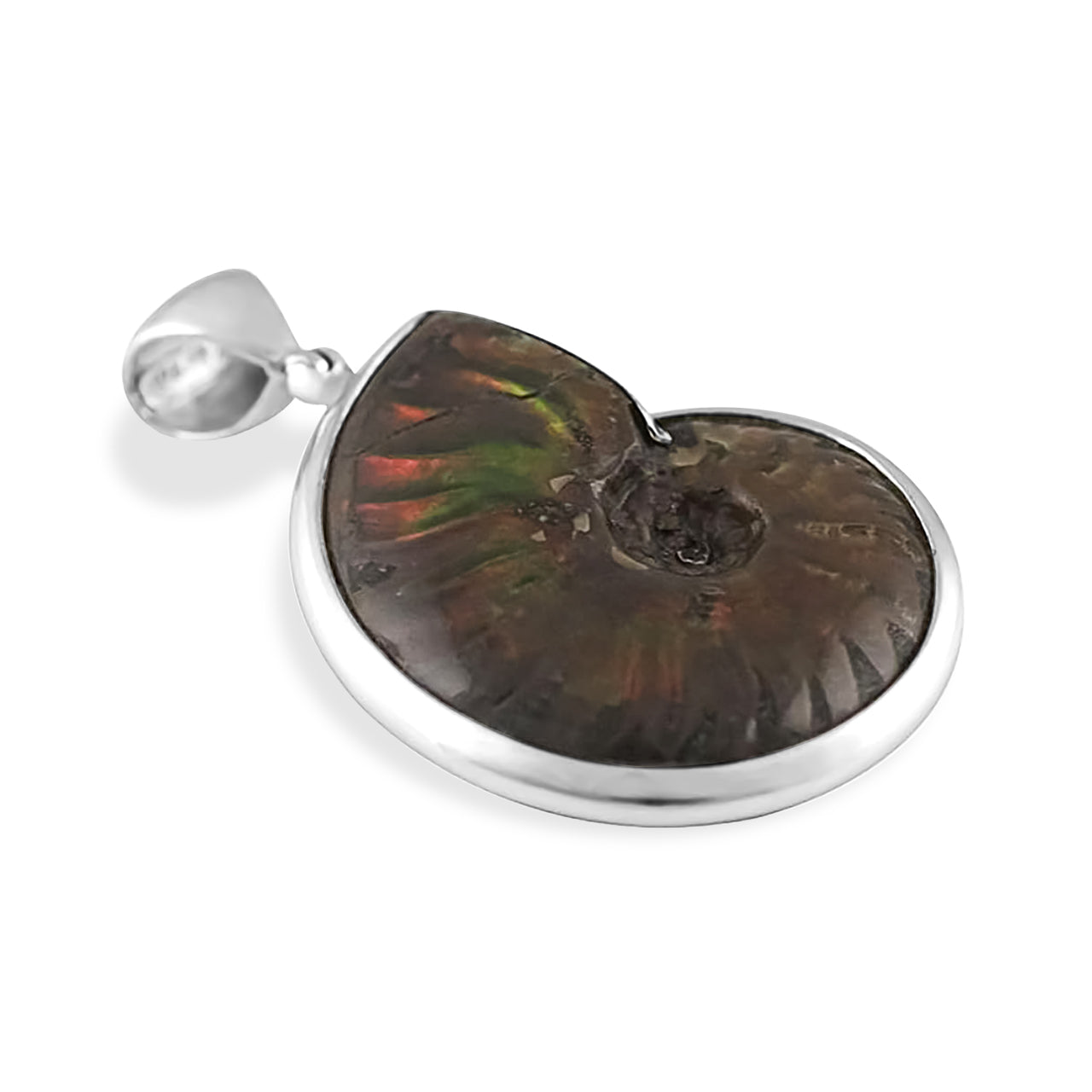 Starborn Fossilized Red Iridescent Ammonite Pendant in Sterling Silver