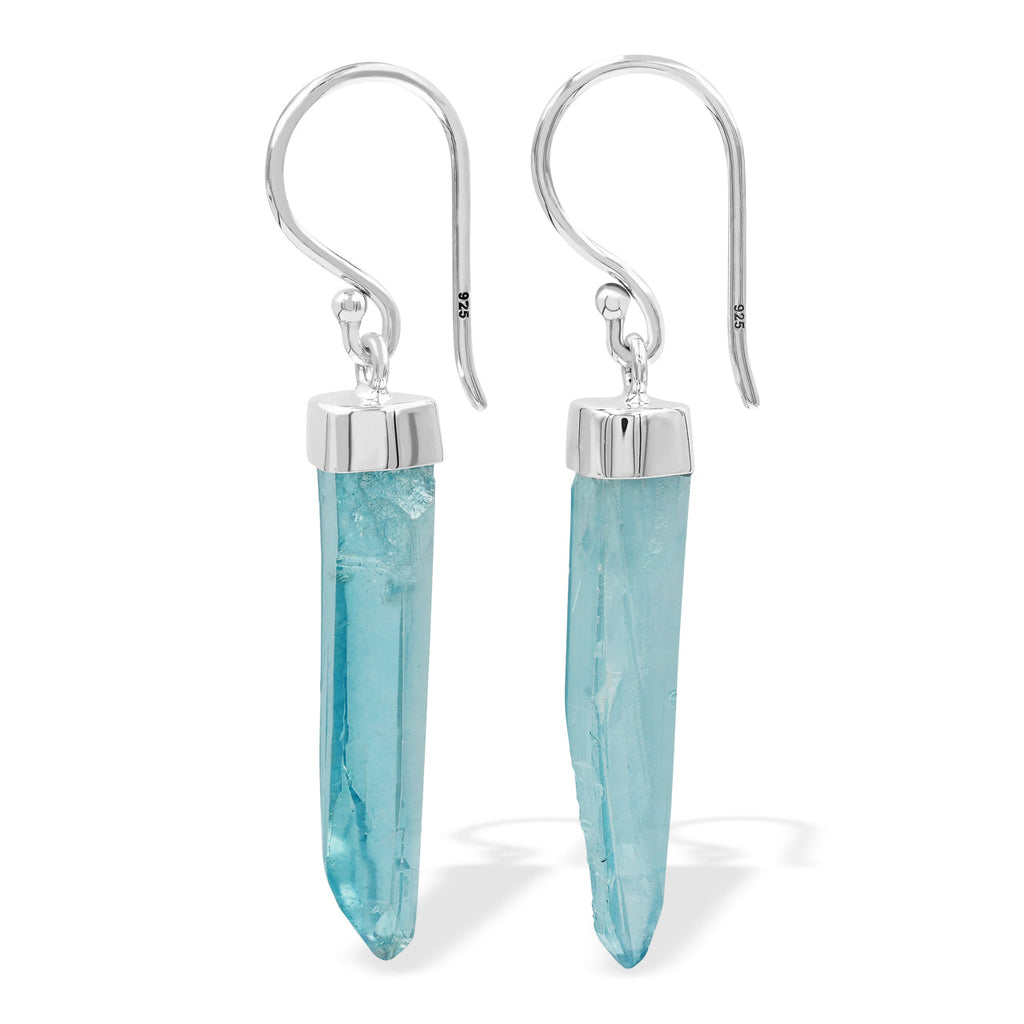 Starborn Aqua Aura Quartz Crystal Point Sterling Silver Drop Earrings