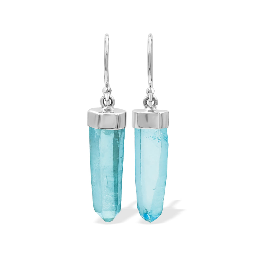 Starborn Aqua Aura Quartz Crystal Point Sterling Silver Drop Earrings