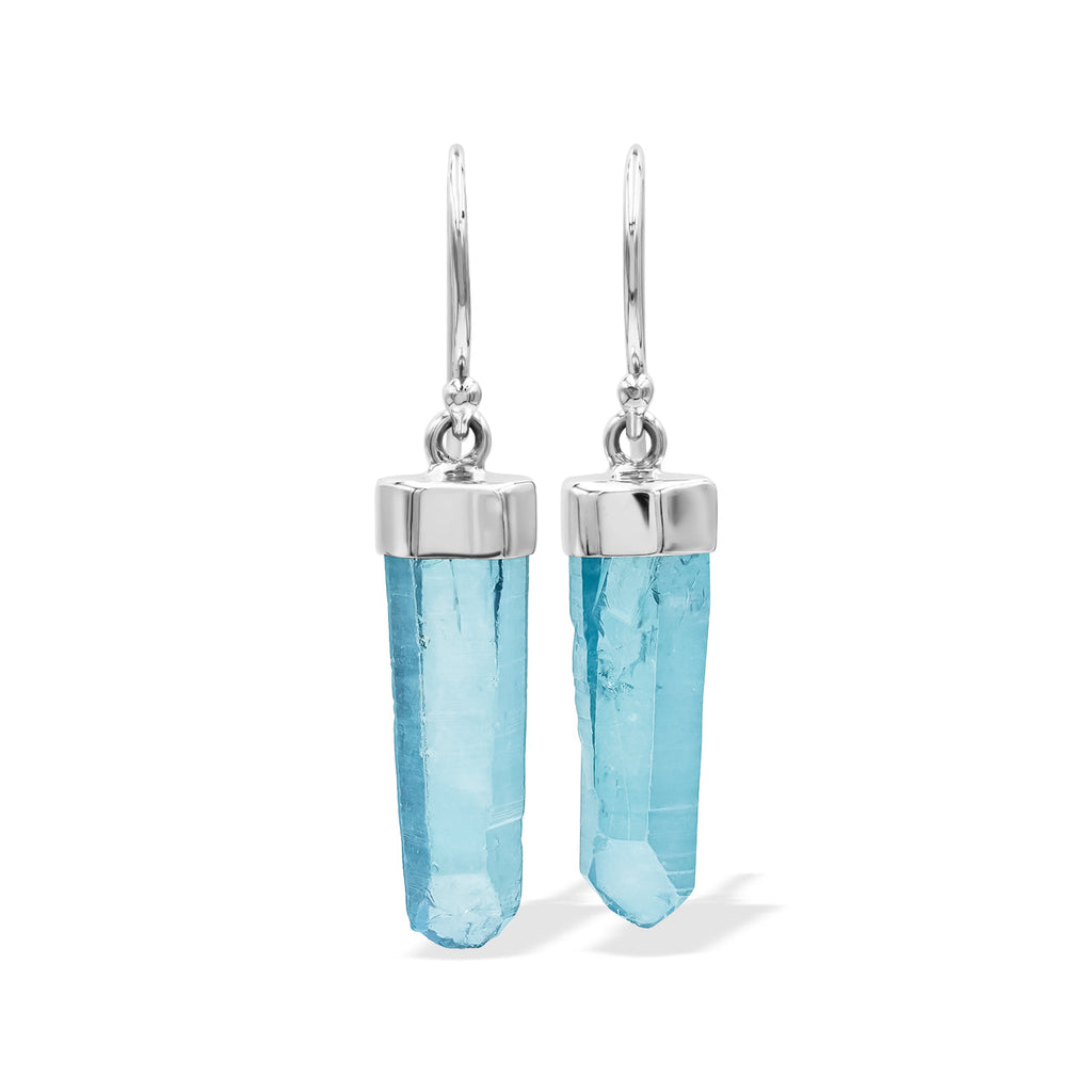 Starborn Aqua Aura Quartz Crystal Point Sterling Silver Drop Earrings