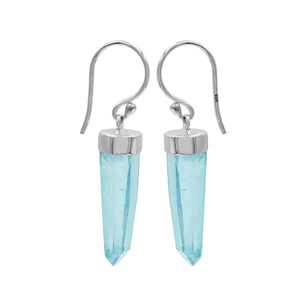 Starborn Aqua Aura Quartz Crystal Point Sterling Silver Drop Earrings