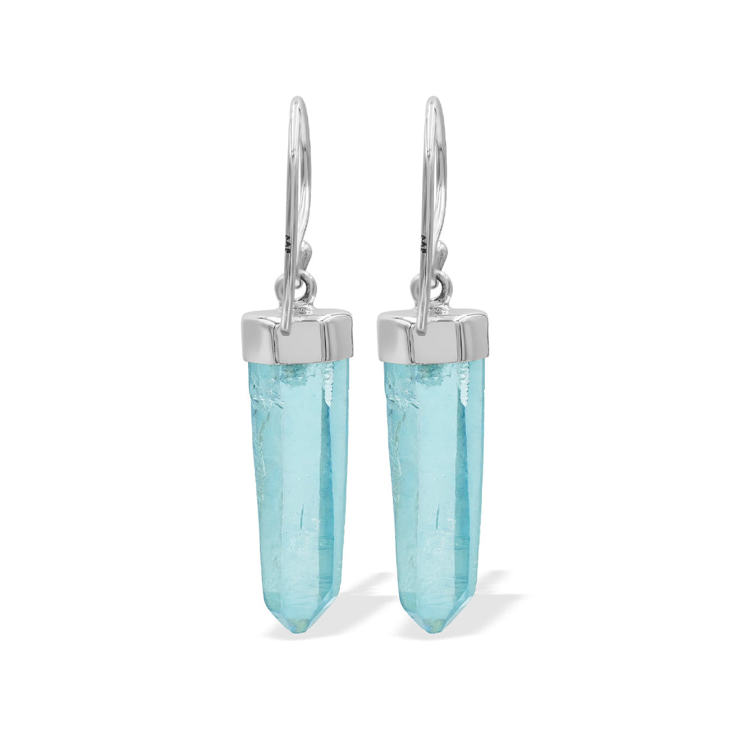 Starborn Aqua Aura Quartz Crystal Point Sterling Silver Drop Earrings