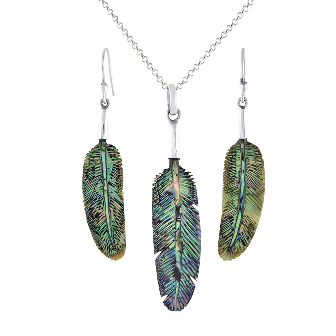 Starborn Abalone Shell Feather Pendant and Earrings Set in Sterling Silver