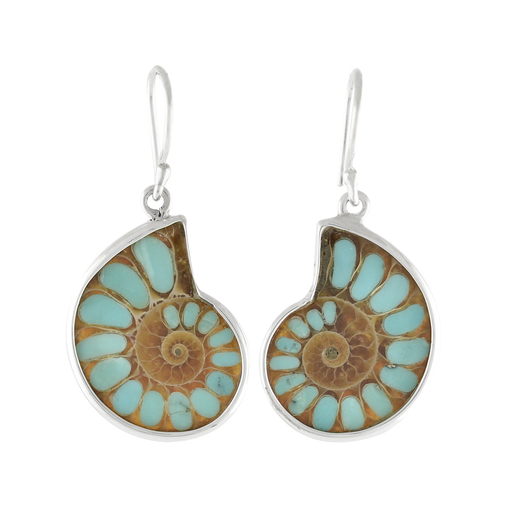 Starborn Ammonite with Turquoise Inlay Earrings in Sterling Silver