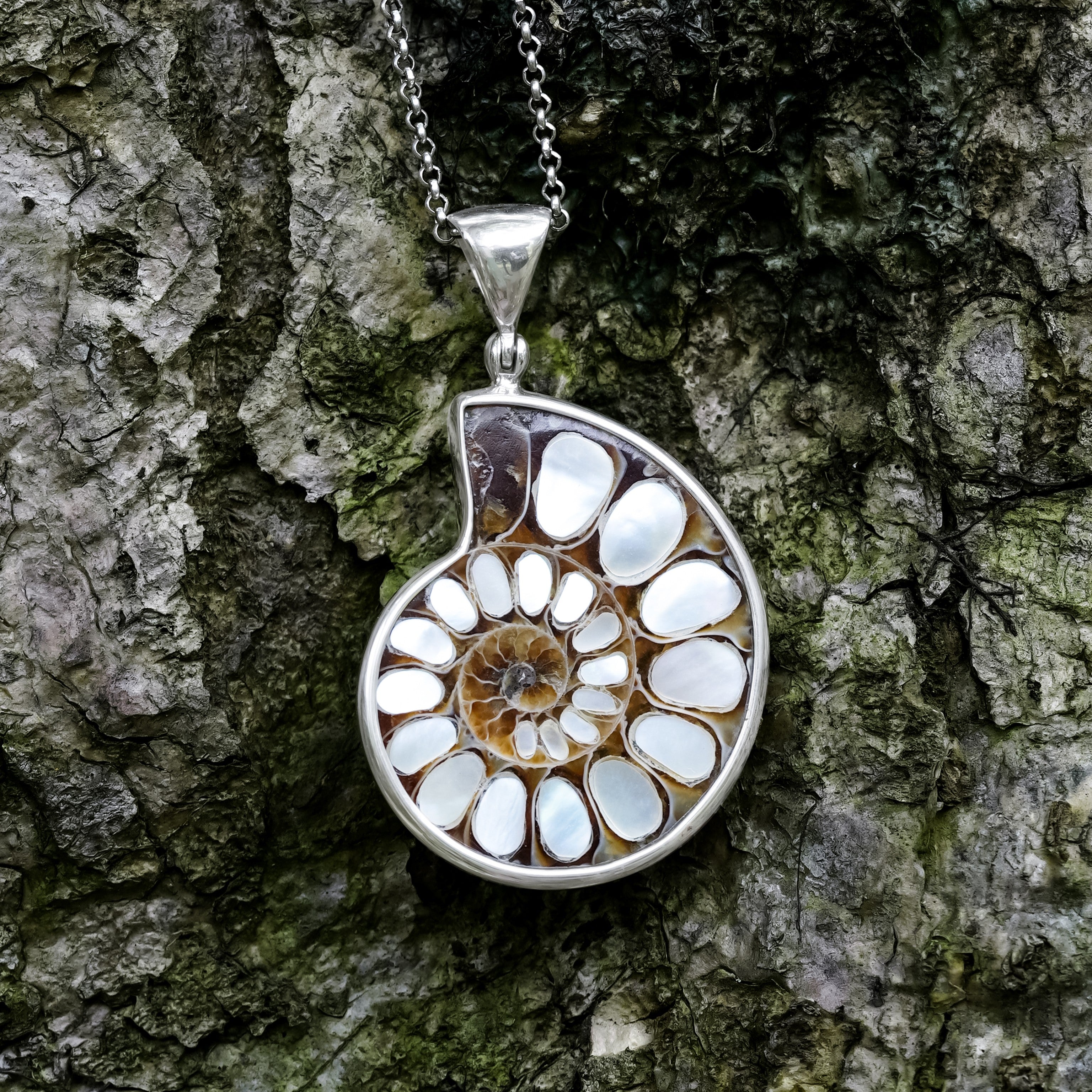 Starborn Mother of Pearl Inlaid Ammonite Pendant in Sterling Silver