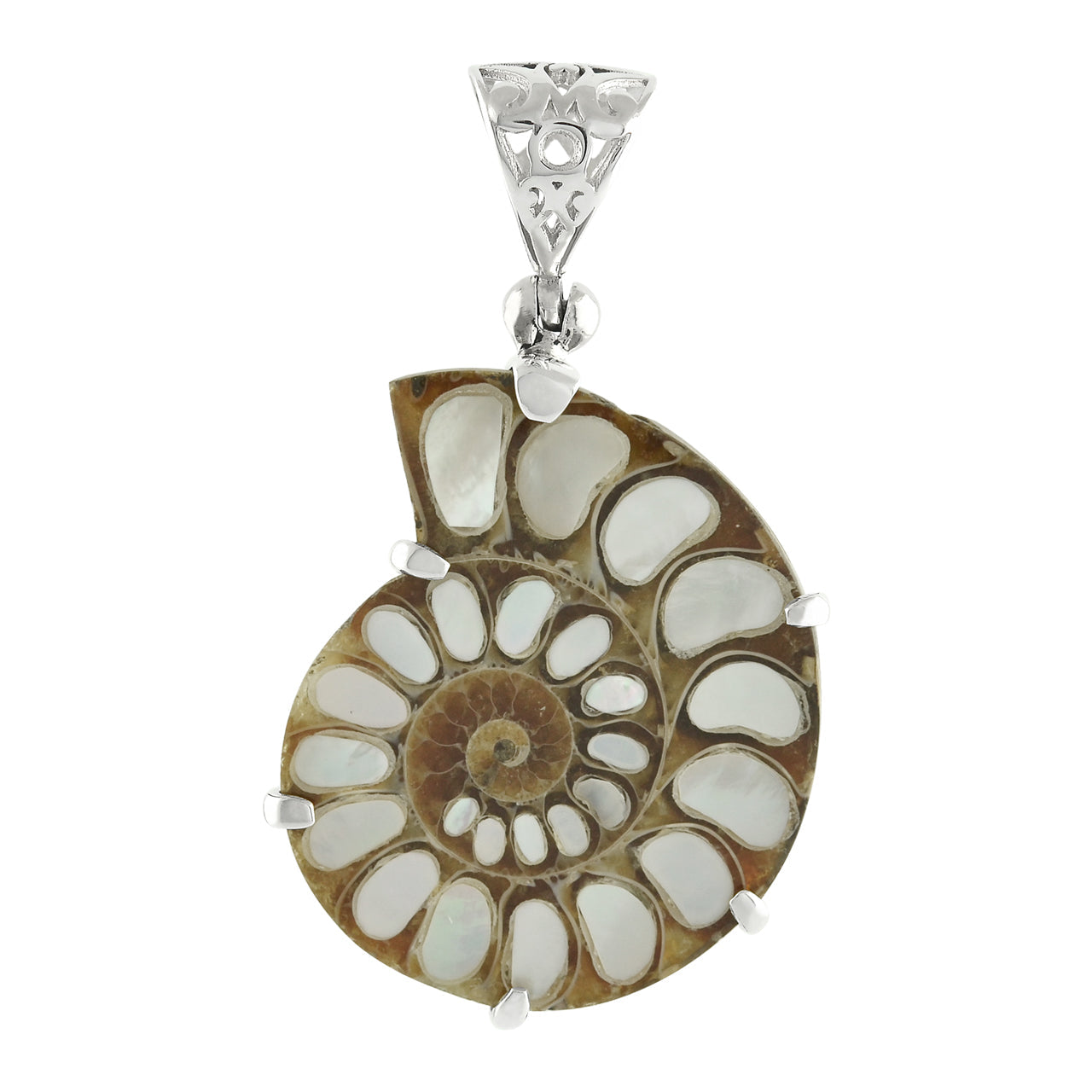 Starborn Ammonite with Mother of Pearl Inlay, Prong Set Pendant