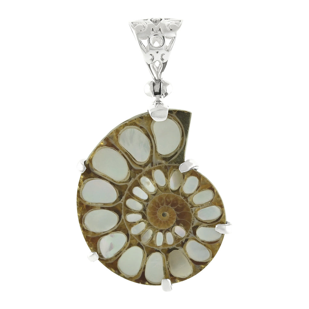 Starborn Ammonite with Mother of Pearl Inlay, Prong Set Pendant