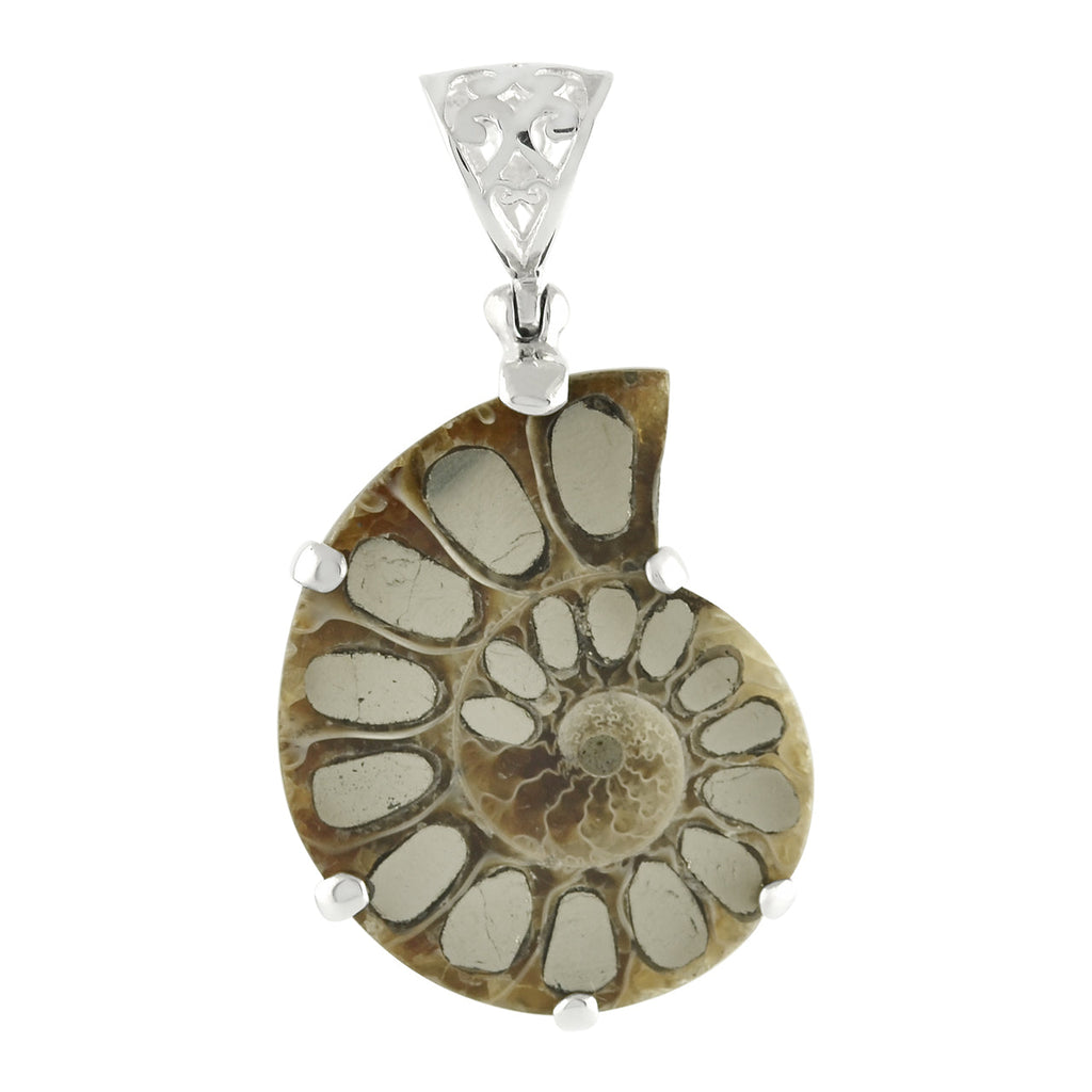 Starborn Pyrite Inlaid Ammonite Pendant in Sterling Silver with Filigree Bale - Small