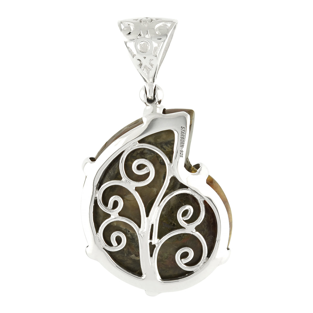 Starborn Pyrite Inlaid Ammonite Pendant in Sterling Silver with Filigree Bale - Small