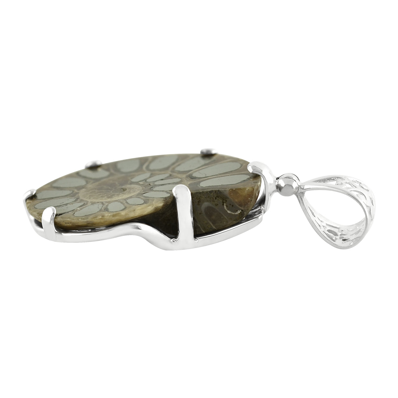Starborn Pyrite Inlaid Ammonite Pendant in Sterling Silver with Filigree Bale - Small
