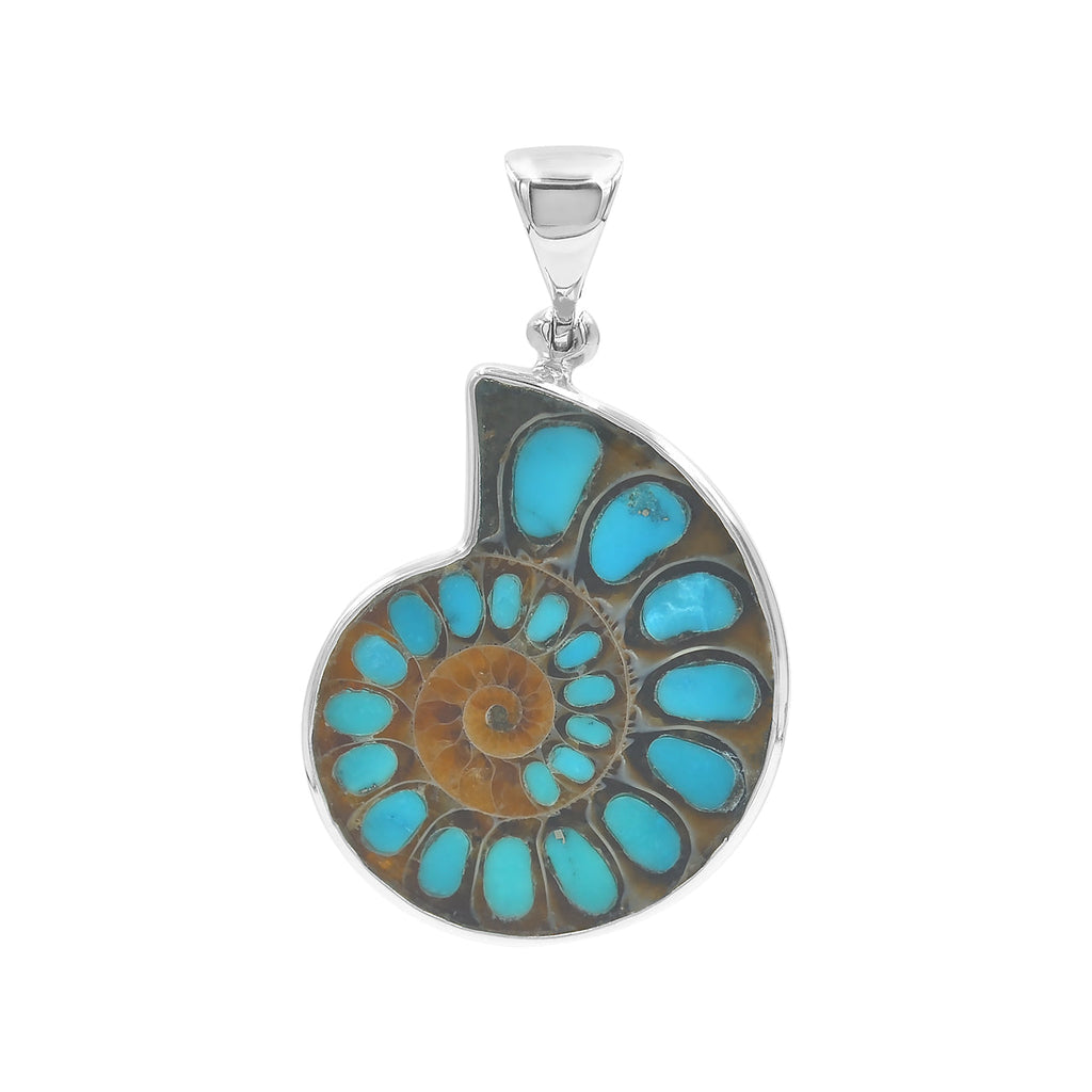 Starborn Ammonite with Turquoise Inlay Pendant in Sterling Silver