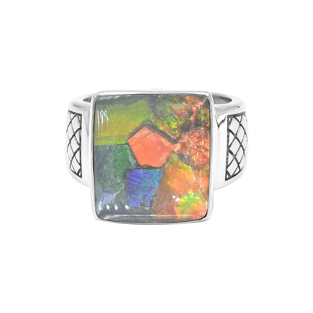 Starborn Ammolite Men’s Ring with Geometric Shank Accents in Sterling Silver