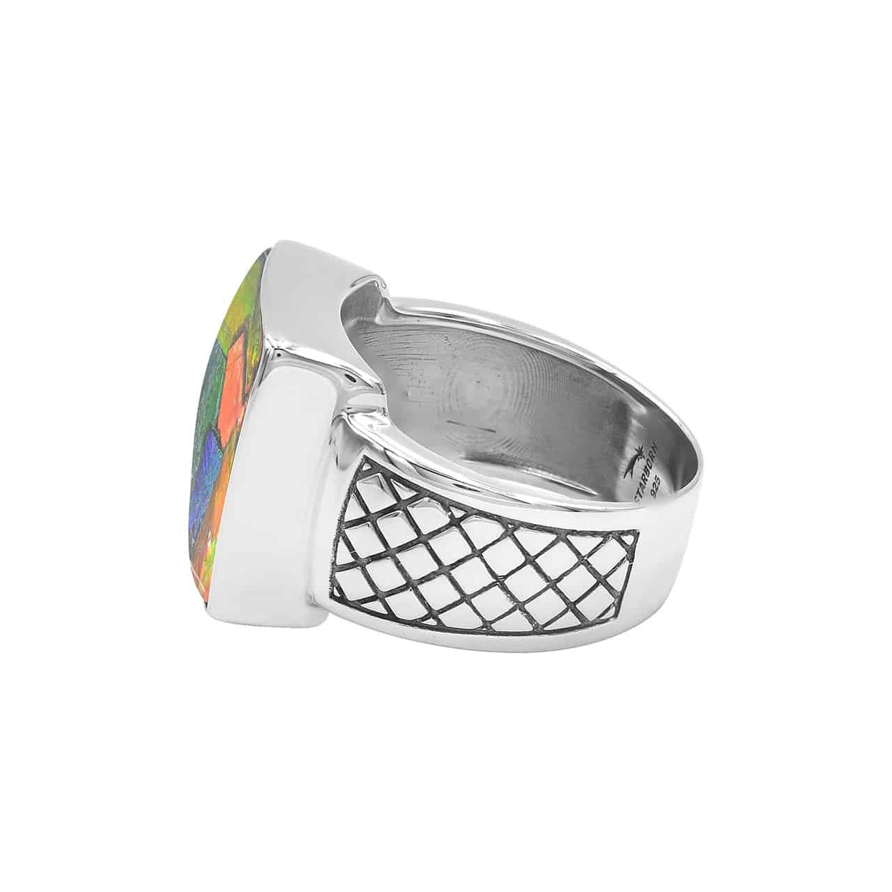 Starborn Ammolite Men’s Ring with Geometric Shank Accents in Sterling Silver