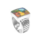 Starborn Ammolite Men’s Ring with Geometric Shank Accents in Sterling Silver